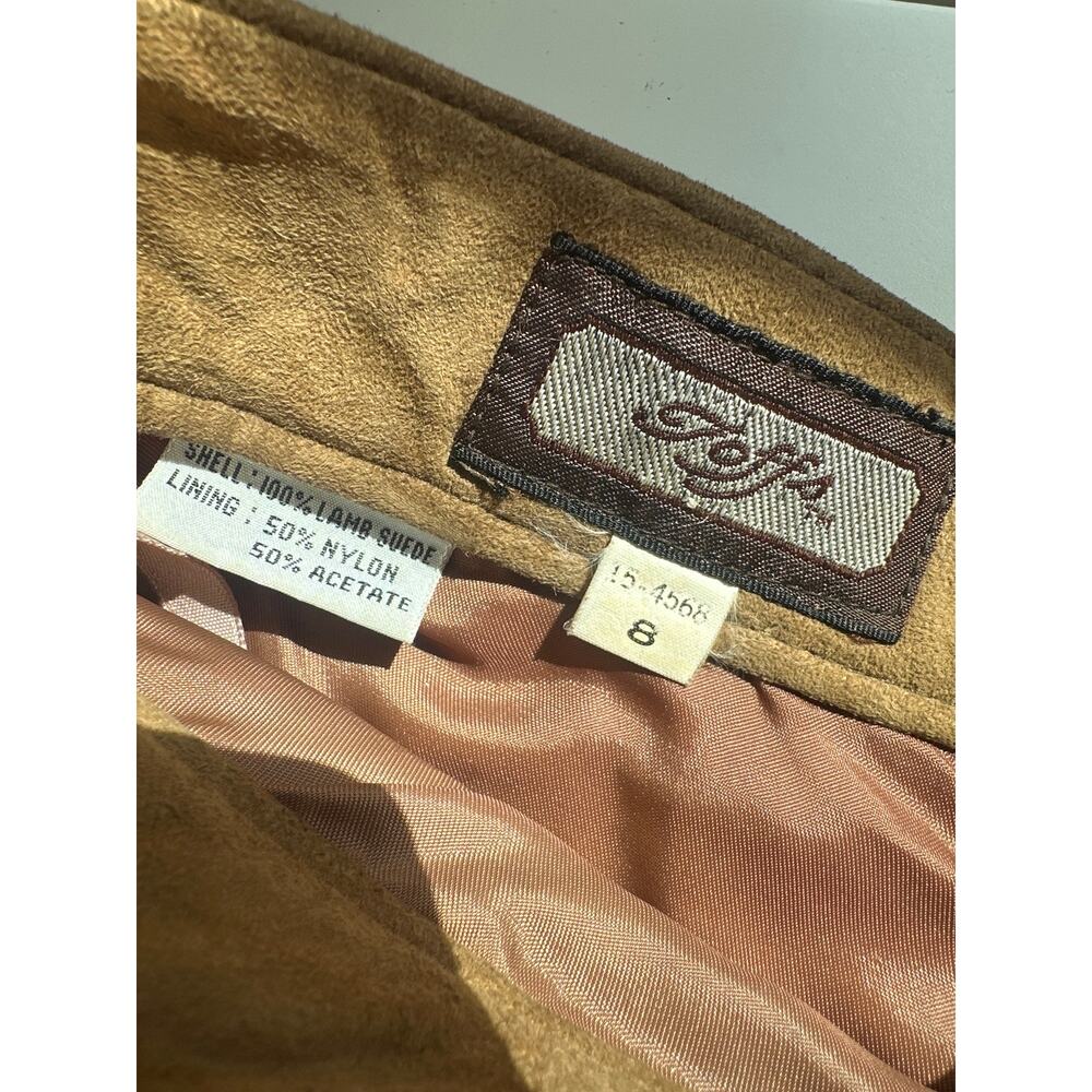 Vintage Tan Western Genuine Leather Lamb Suede Flare High Waist Midi Skirt Sz 8 - Picture 3 of 10